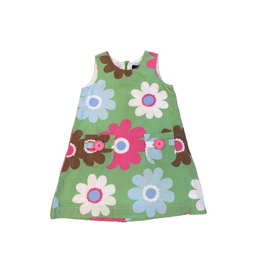 Mini Boden Girls Summer Shift Dress Size 3-4 Y Green Big Flowers Lined Cotton